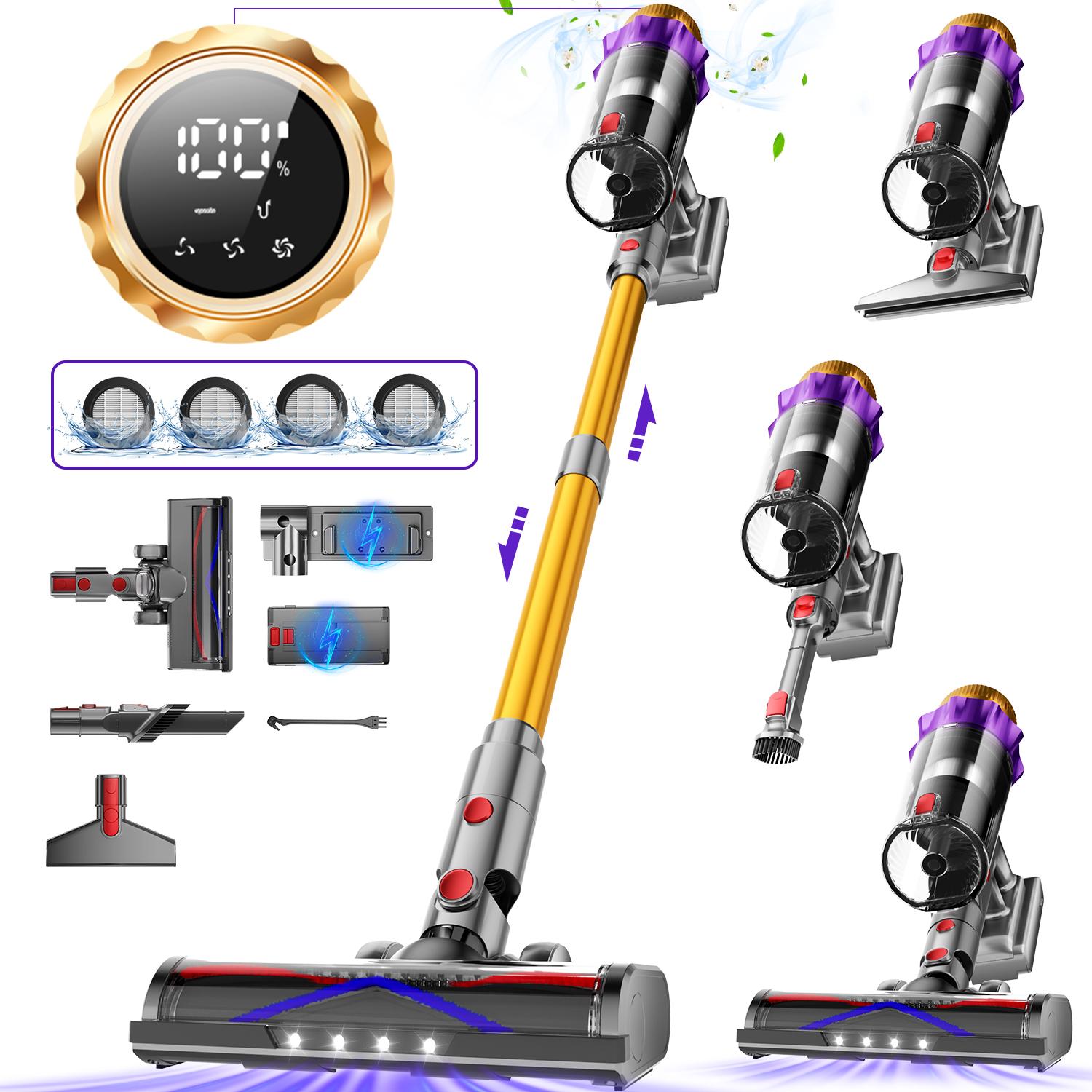 80000Pa Akku Staubsauger,600W/70Min Staubsauger Kabellos,akkustaubsauger mit LED Display/Anti-Tangle-Bürste,drei Gänge,10-in-1,Handstaubsauger,2L