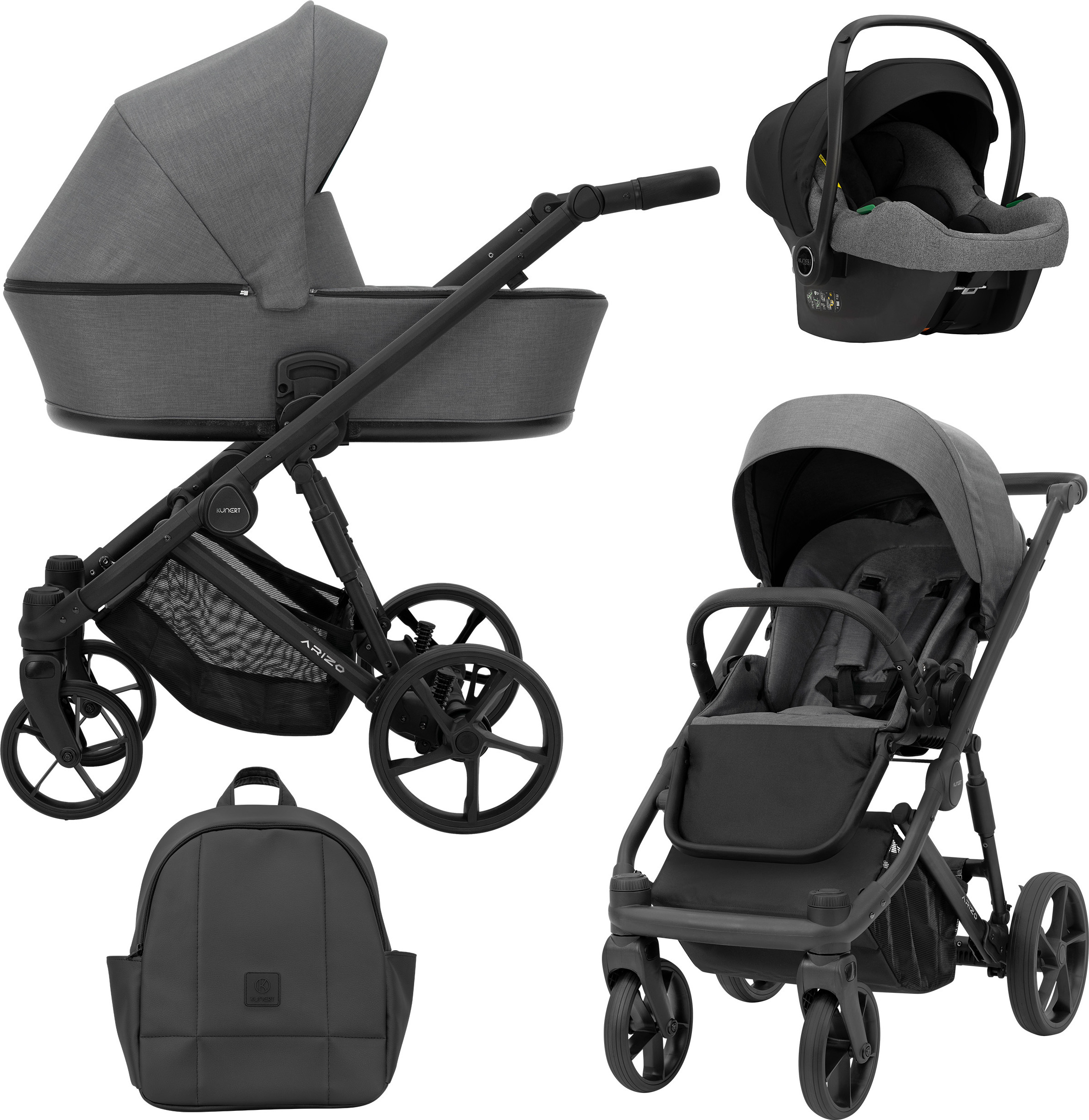 Kunert Kinderwagen ARIZO Sportwagen Babywagen Babyschale Komplettset Kinder Wagen Autositz Set 3 in 1 (Graphite, Rahmenfarbe: Schwarz)