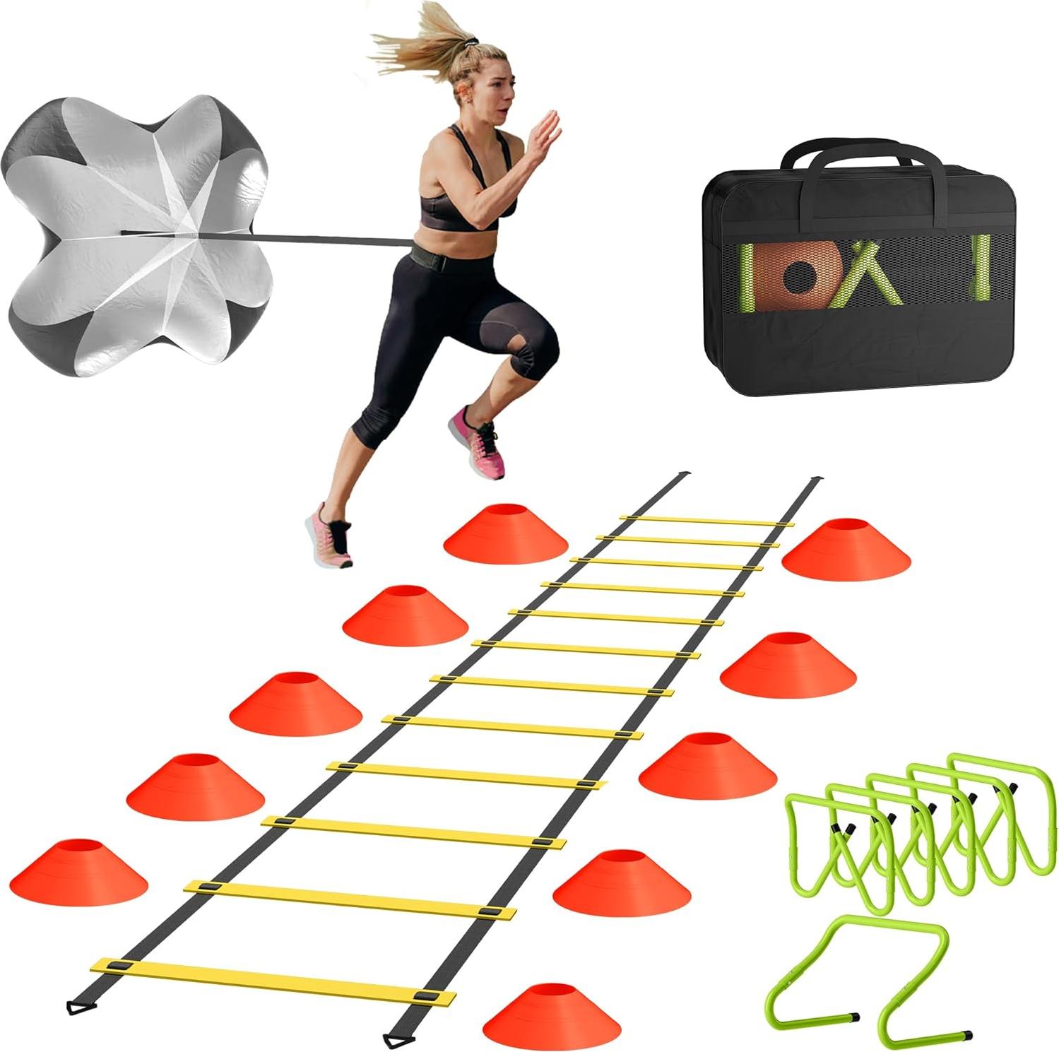 SUBTLETY Fussball Trainingszubehör inkl.Koordinationsleiter, 6 Verstellbare Hürden, 12 Scheiben Kegel, Widerstand Fallschirm und Aufbewahrungstasche Fußball Trainingsset Geschwindigkeit Trainingsgerät
