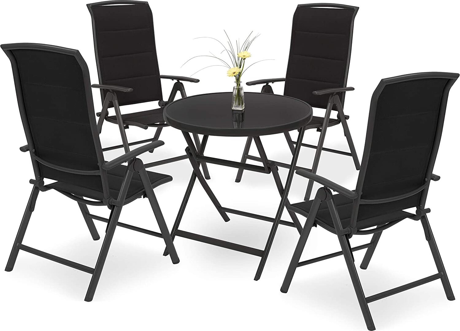 BRUBAKER Záhradné sedenie Milano - 1 sklenený rozkladací stôl s okrúhlym priemerom 70 cm a 4 stoličky s vysokým operadlom - hliník - odolný voči poveternostným vplyvom - antracit