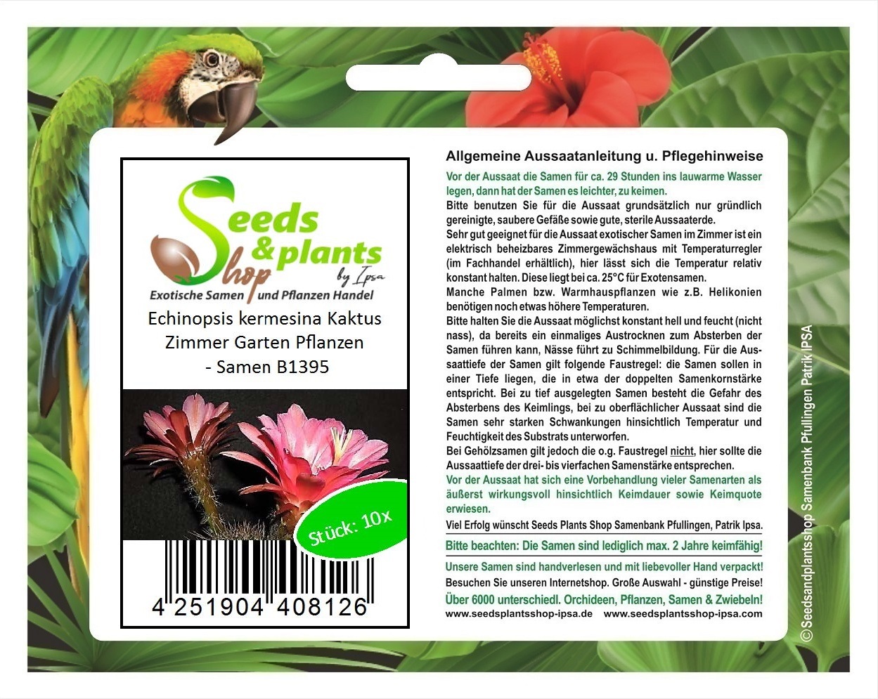 Seeds & Plants Shop by Ipsa 10x Echinopsis kermesina Kaktus Zimmer Garten Pflanzen - Samen B1395