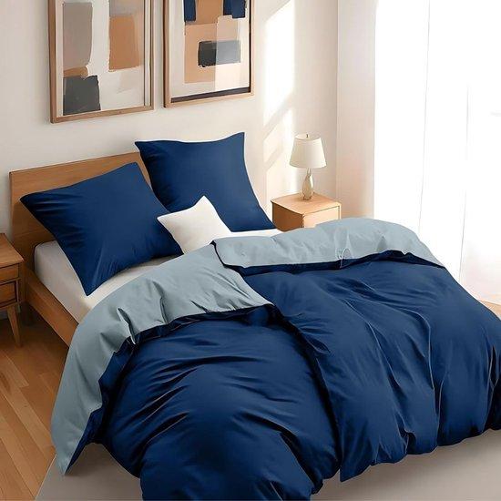 OEM Dekbedovertrek met kussenslopen - 135x200 cm - 100% Microvezel - Donkerblauw/Blauwgrijs - 4-teilig - Chemiefrei 2026