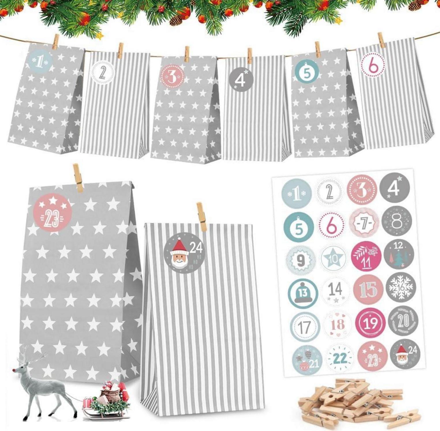 Vrecká na adventný kalendár sivé s nálepkami s číslami, DIY vianočný kalendár