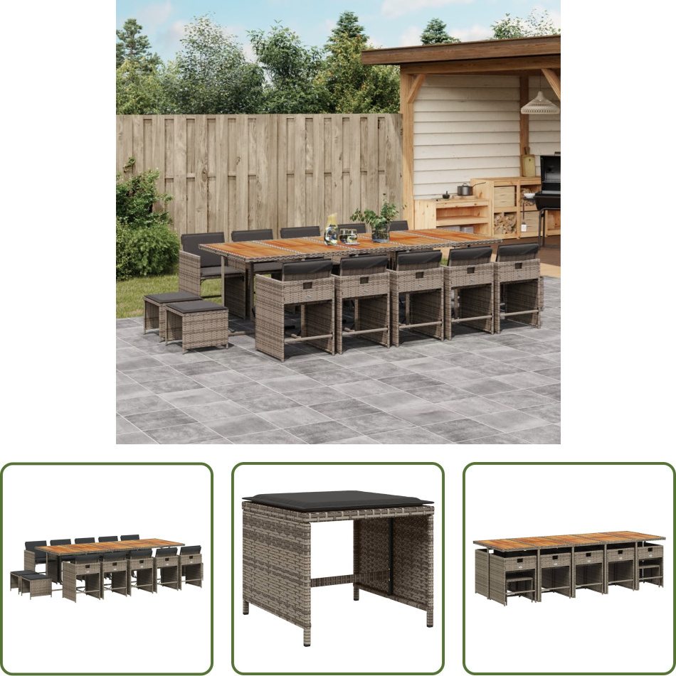The Living Store 15-dielny záhradný jedálenský set s vankúšmi sivý polyratan