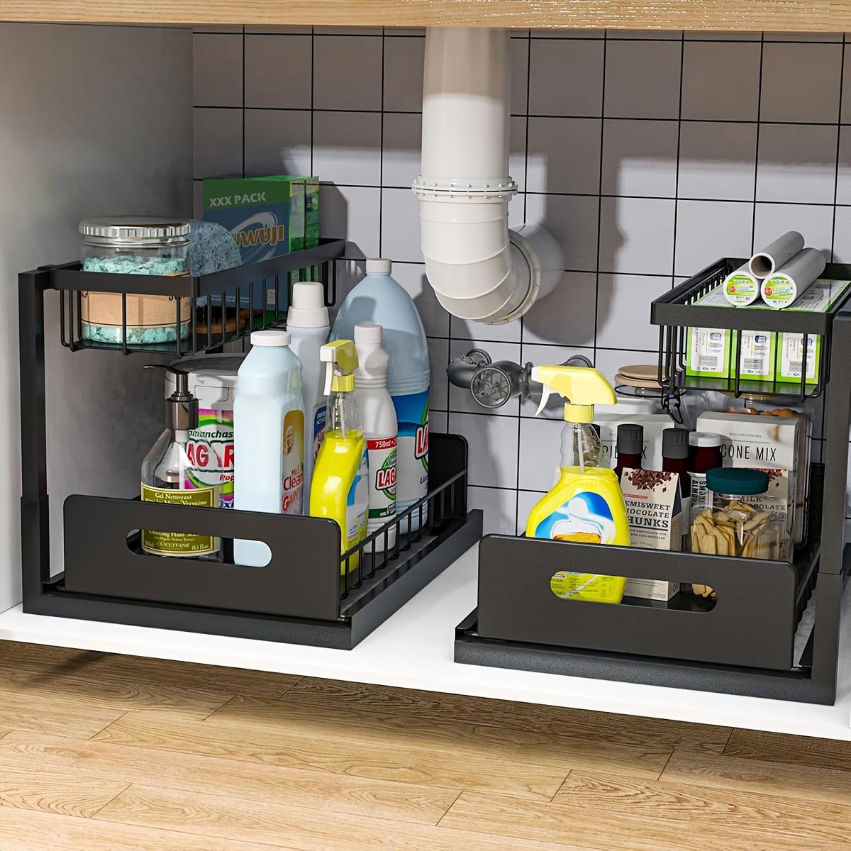 Organiseur 2 Étagères Sous Évier - Noir Avec Pieds Antidérapants - Pour Cuisine, Salle De Bain - Panier Extensible
