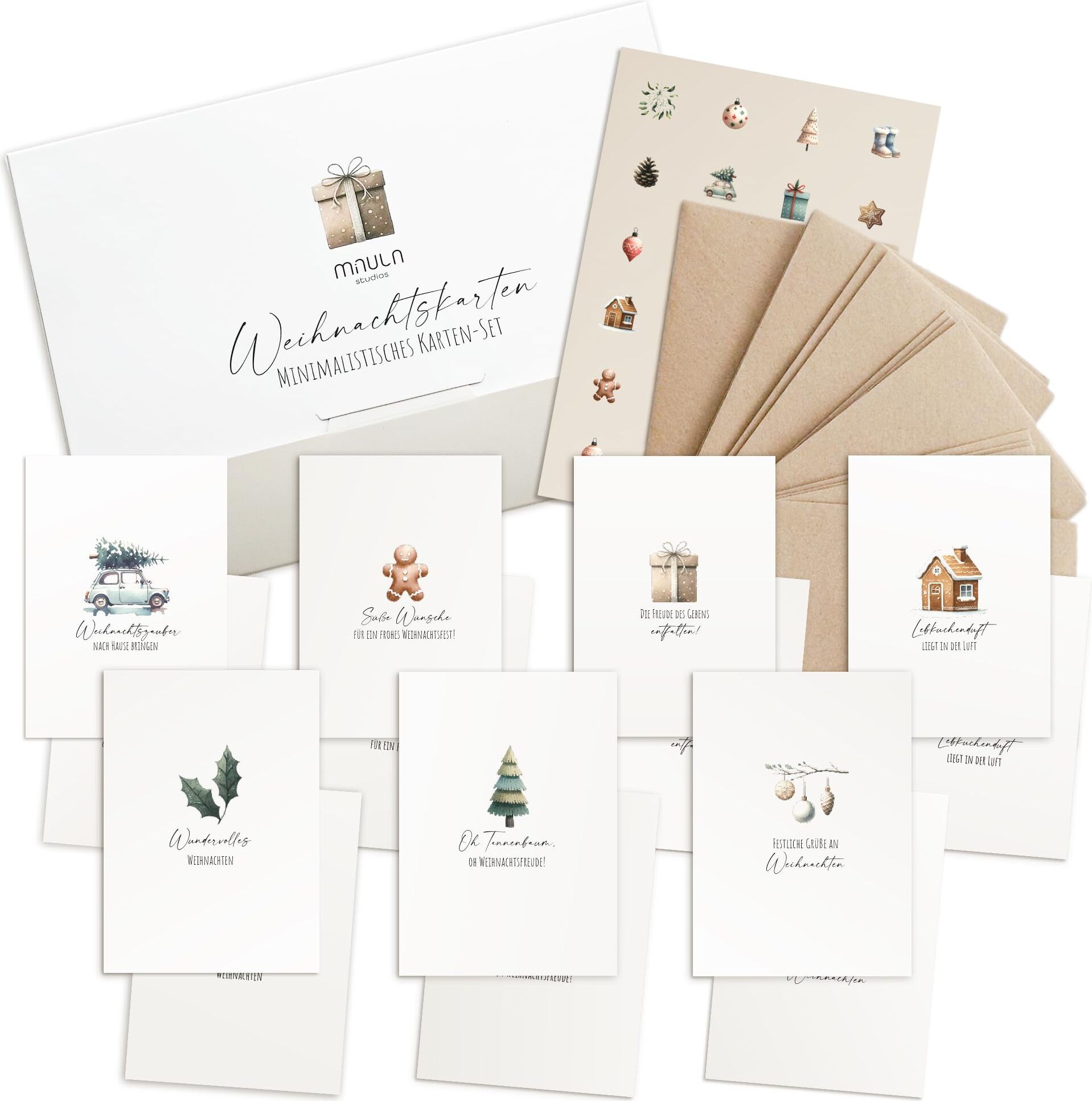 24 Weihnachtskarten Set Mit Umschlägen & Aufklebern – Kraftpapier Klappkarten, 8 Designs | Für Weihnachtsgrüße