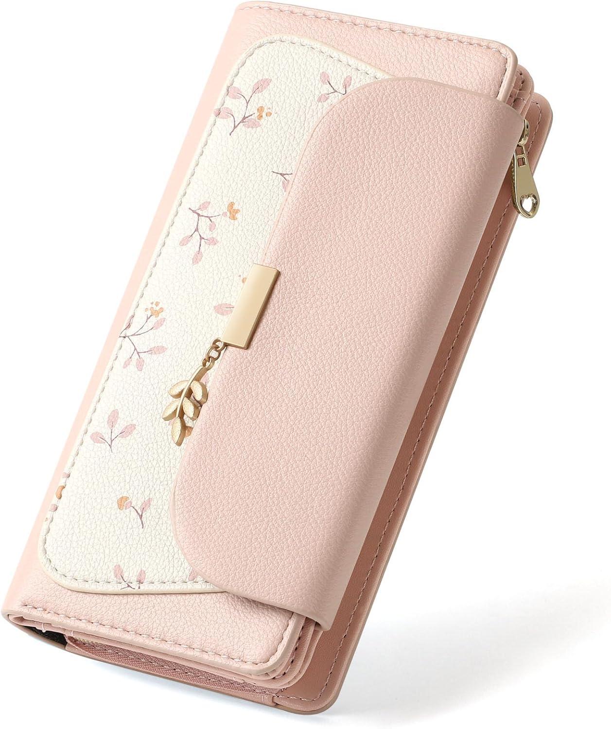RRANCharltu Geldbörse Damen groß aus Kunstleder mit RFID-Schutz, viele Fächer, Reißverschluss-Münzfach, Karten- & Ausweisfächer, elegantes Blumen Design