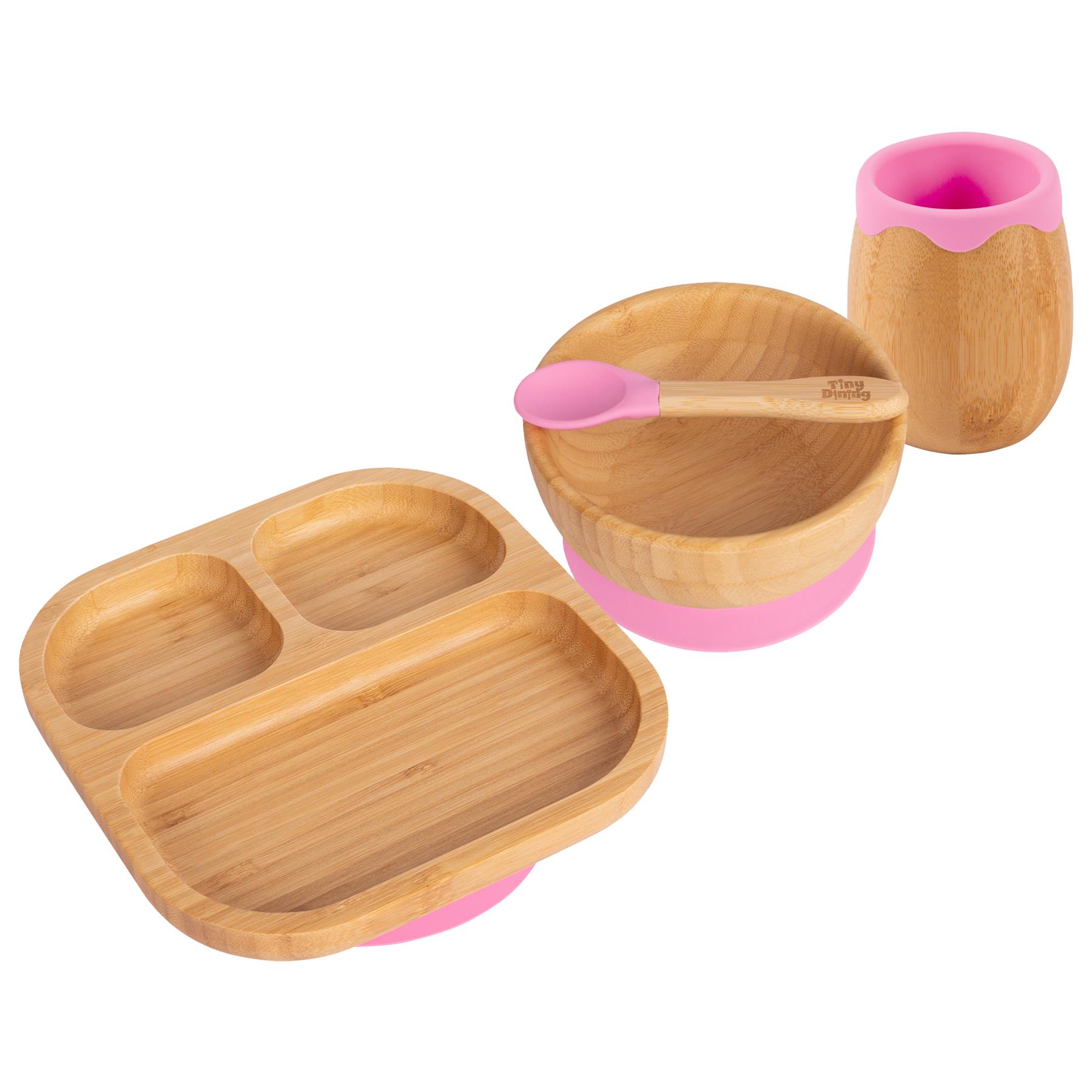 4pc Rosa Geteilt Bambus Suction Baby-Fütterungsset - Kleinkind Entwöhnung Silikon Bleiben Sie Dran Essen Schale Teller Löffel Tasse Komplettes Starter-Kit - Von Tiny Dining TD-SEG-SET-PIN-02