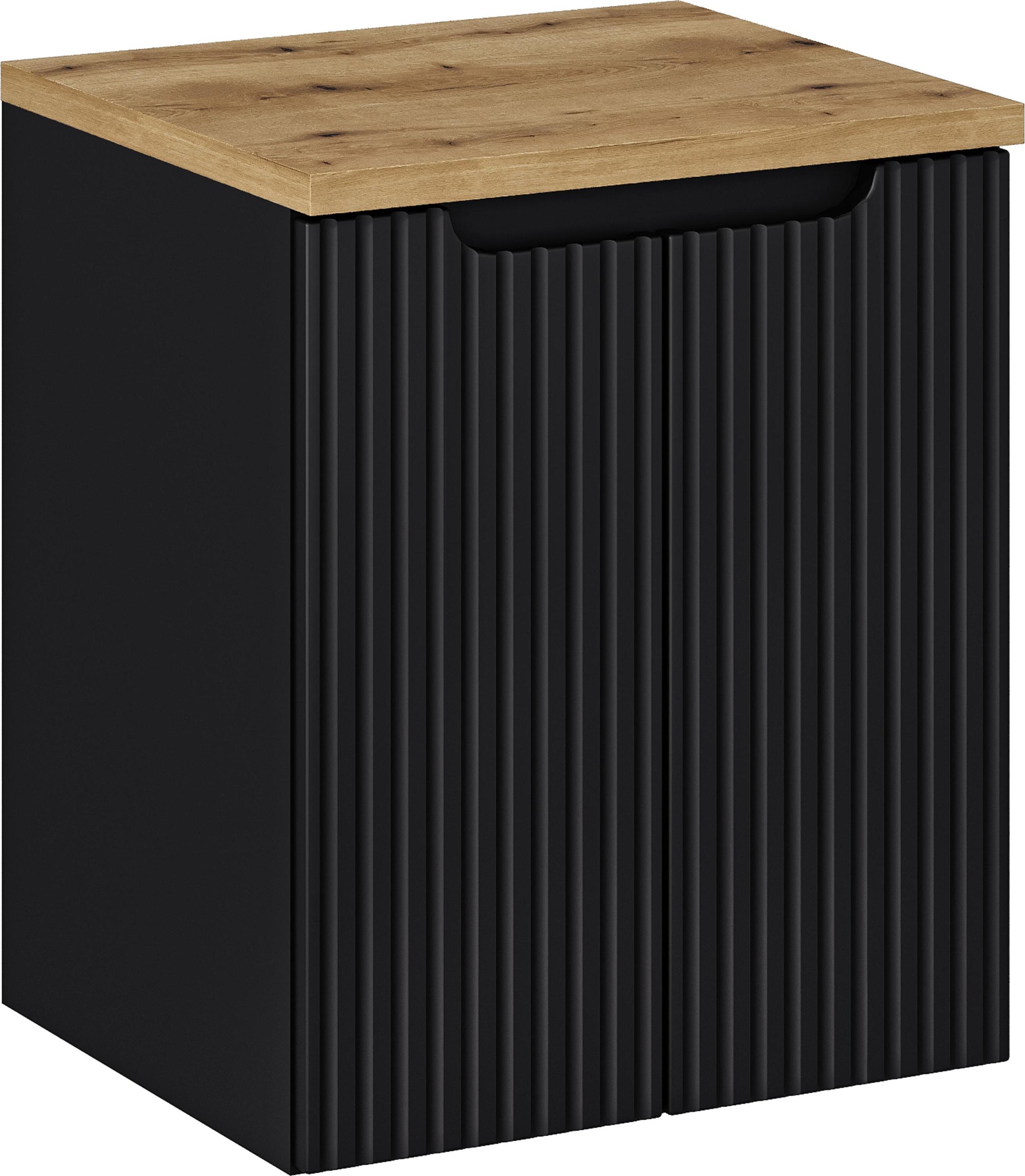 Badezimmerschrank 50Cm Schwarz Mit Moderner Gefräster Eichenplatte