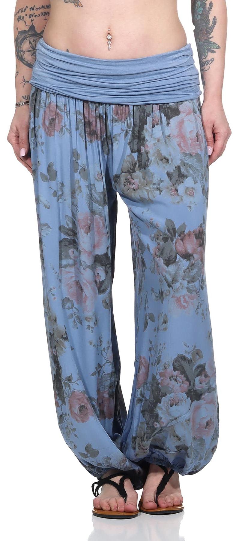 OriginalYou Haremshose Damen leichte BOHO Sommerhose mit weitem Bein Gr. 36 bis 48 Yoga-Hose Damen Haremshose Rosen Jeans 36-40