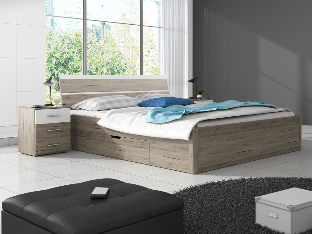 Schlafzimmer Bett-Kombination incl. 2 Nachttische in Sanremo Eiche Nb. mit weiß BIRMINGHAM-83 Liegefläche 160x200 cm