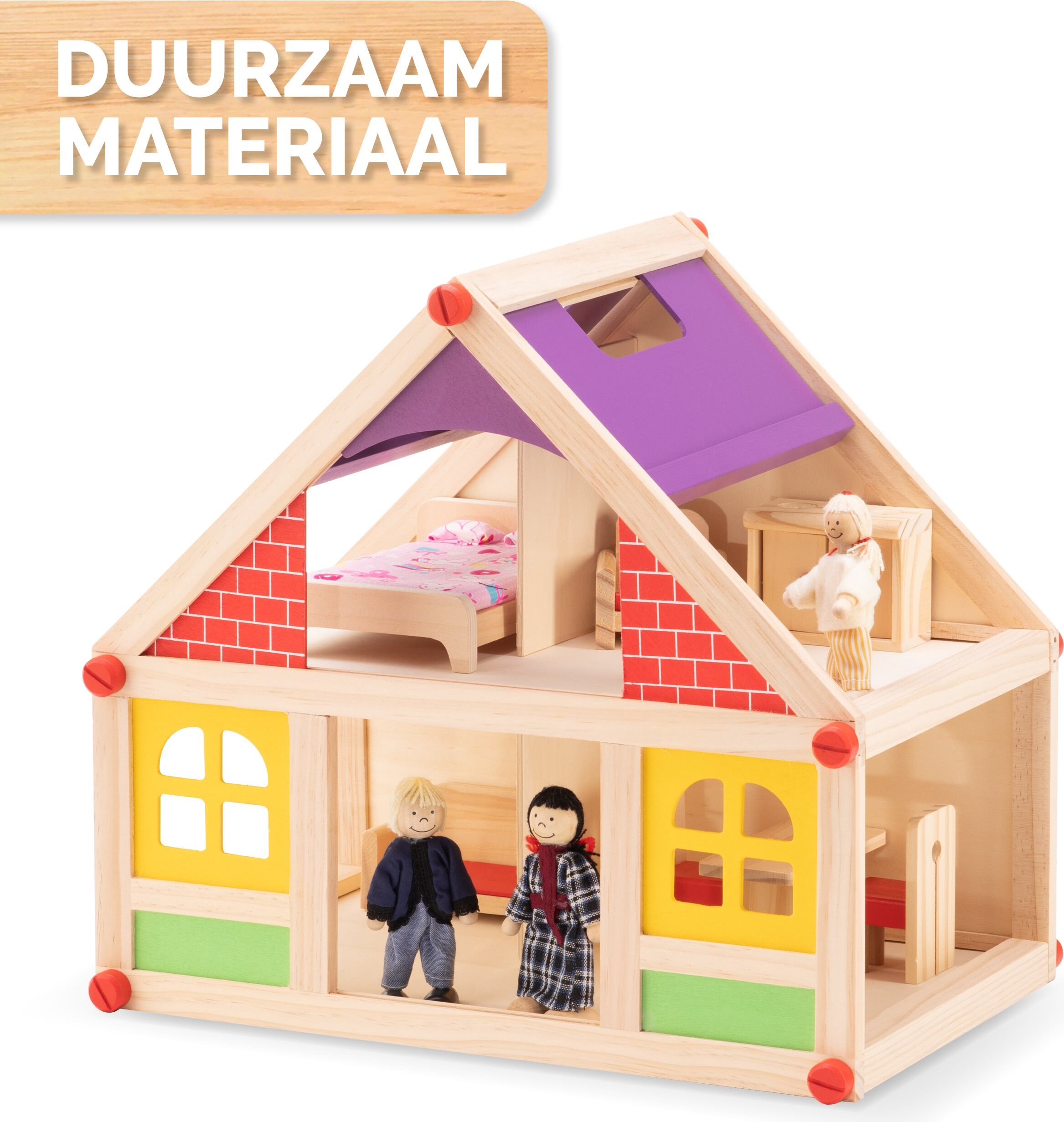 Marionette Wooden Toys Holzpuppenhaus inkl. Möbel und Puppen - 11-teilig