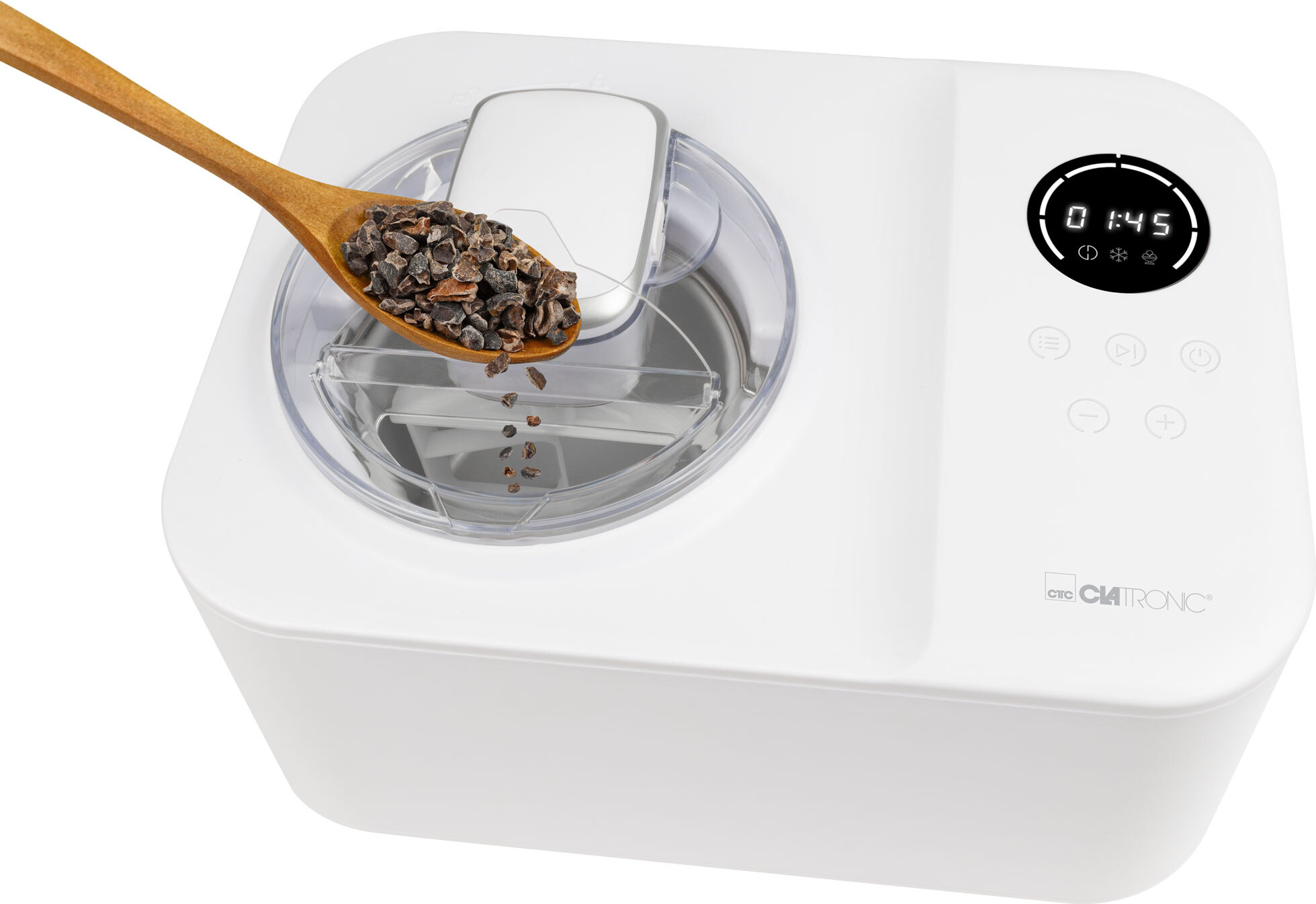 Clatronic Profi-Eismaschine mit Kompressor inkl. Timer, Ice Cream Maker für Eis, Sorbet und Frozen Yoghurt bis zu 1,2 Liter, Speiseeismaschine 150 Watt inkl. Automatikkühlung ICM-3784 263982