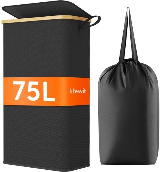 OEM 75L bamboe wasmand met deksel, opvouwbaar, draaggreep, voor appartement, studentenhuis und caravan, schwarz 2026