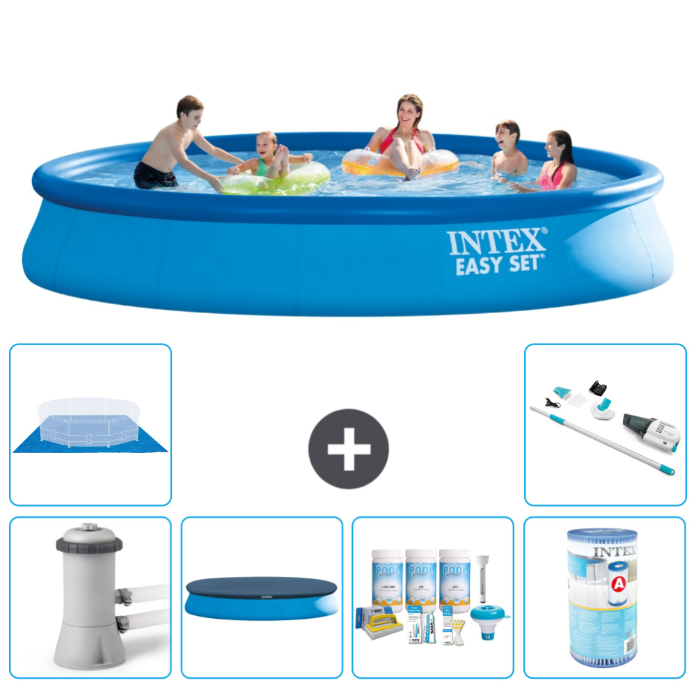 Okrúhly nafukovací bazén Intex Easy Set - 457 x 84 cm - modrý - vrátane krytu s čerpadlom - balík na údržbu - filter - podložka - vysávač