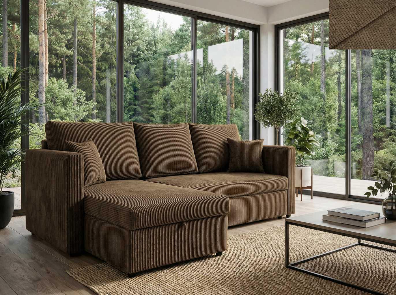 Ecksofa PISA Nordelo 146×220×90 cm universell L/R, ausziehbar, Schlaffunktion 140×200, Bettkasten, Stoff Apollo Cord 04 DUNKELBRAUN ECKSF-PISA-APLL-CORD-04