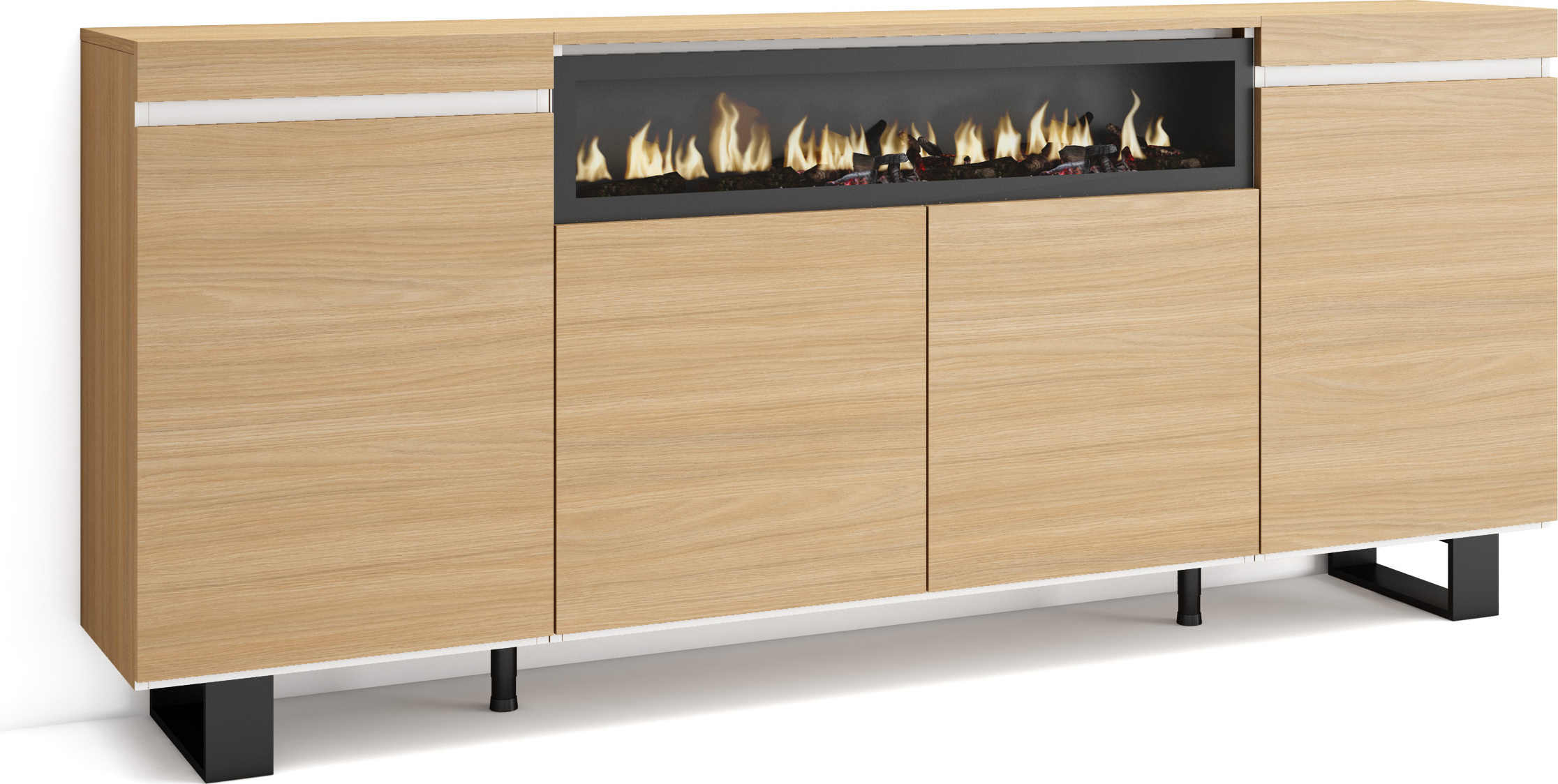 Sideboard, Highboard, 200x35x87cm, 4 Türen, Elektrokamin, Eiche Soft und weiß
