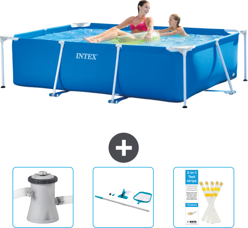 Bazén Intex s obdĺžnikovým rámom - 220 x 150 x 60 cm - Modrý - Súčasťou dodávky je filtračné čerpadlo pre bazén - čistiaca súprava - testovacie prúžky