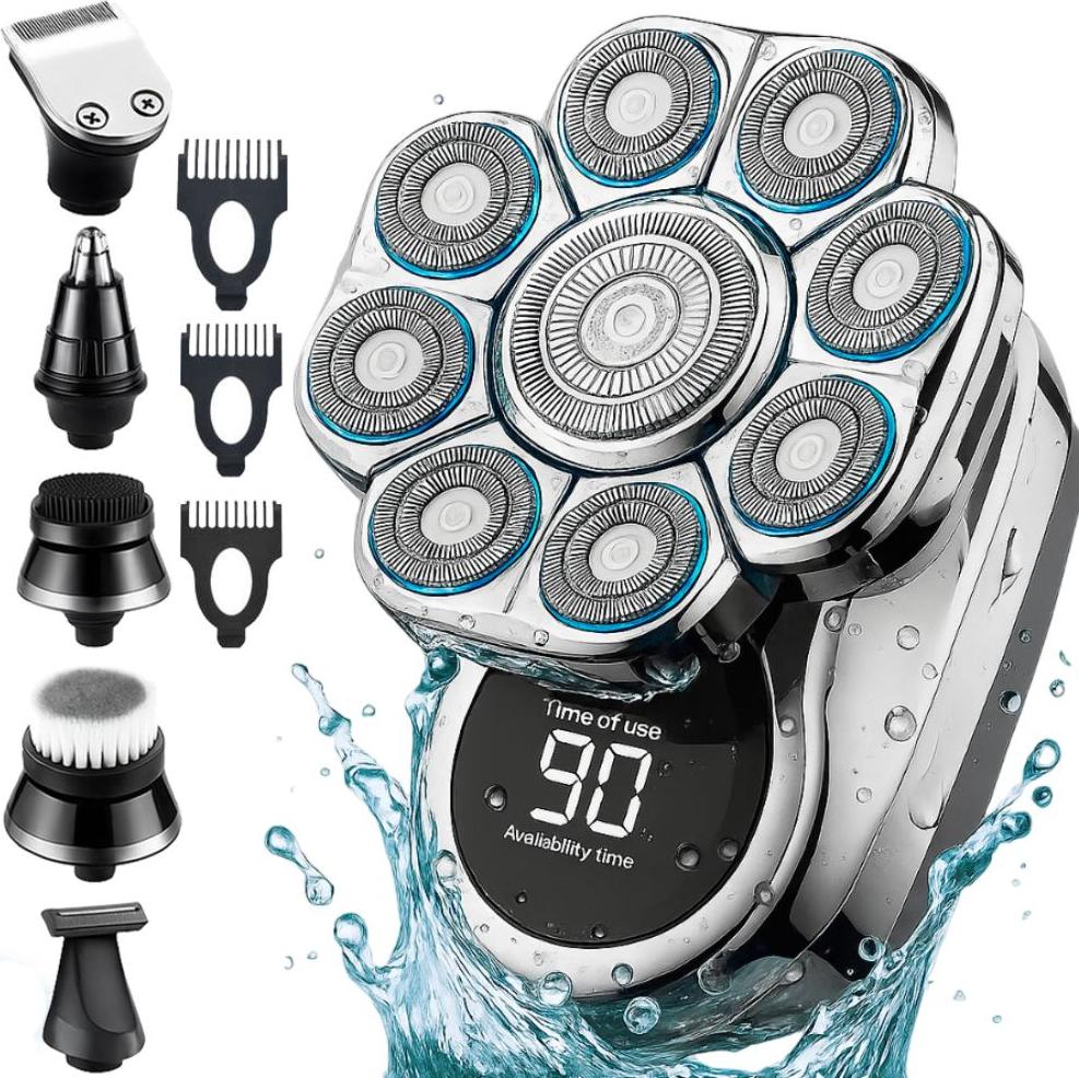 Linomag® Multifunkčný elektrický holiaci strojček, profesionálny, 9D 6 v 1, vodotesný, 90 min. výdrž batérie, nabíjanie cez USB, hlava, fúzy, nos a kontúry, strieborný