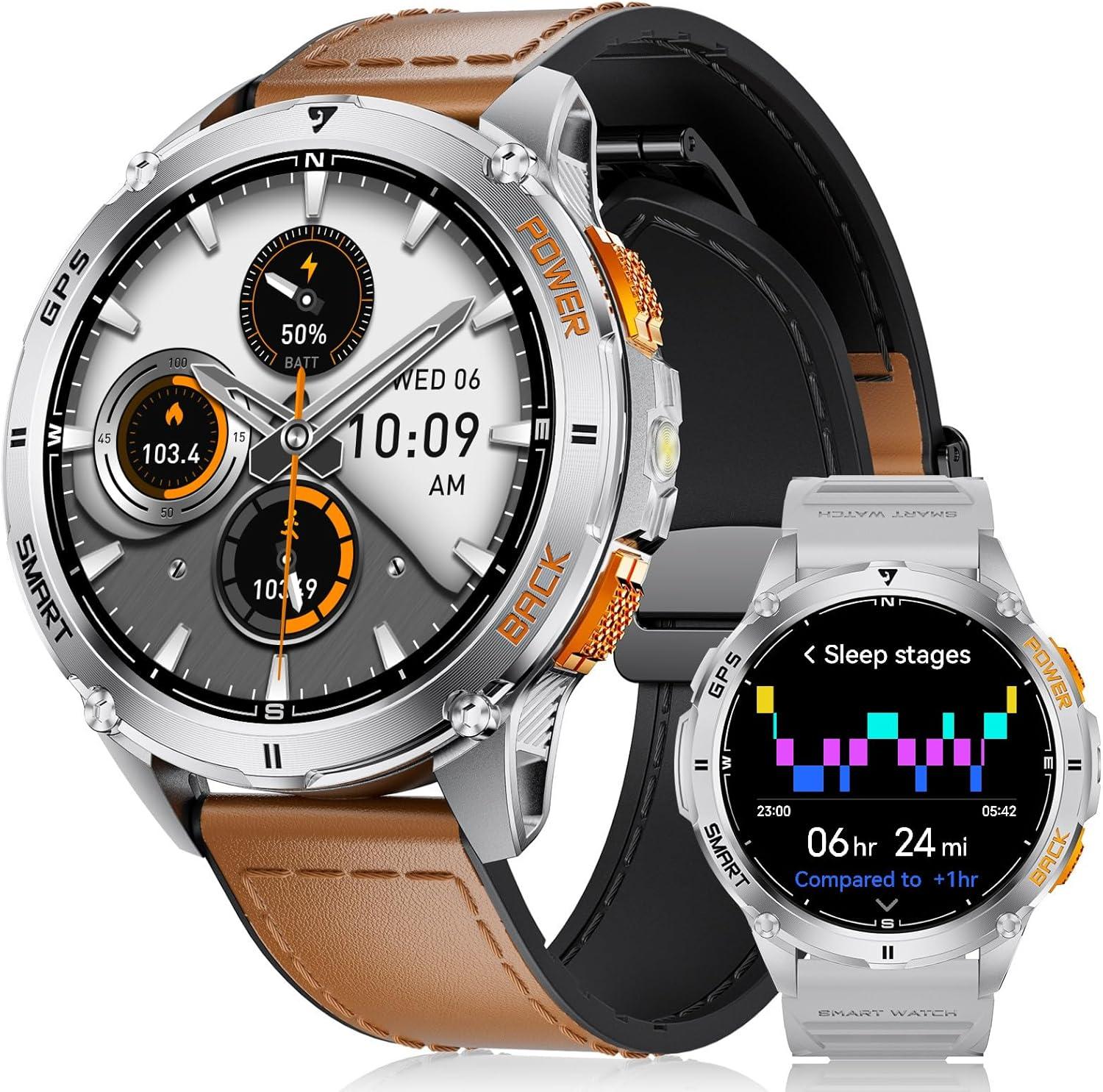 Integrované GPS Smartwatch muži, 1,43 palca AMOLED s LED svietidlom pre Android a iOS, 5ATM vodotesné, 300+ ciferníky, kompas 170+ športové režimy