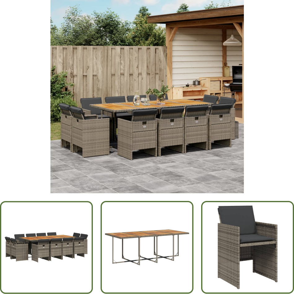 The Living Store 13-dielny záhradný jedálenský set s vankúšmi sivý polyratan