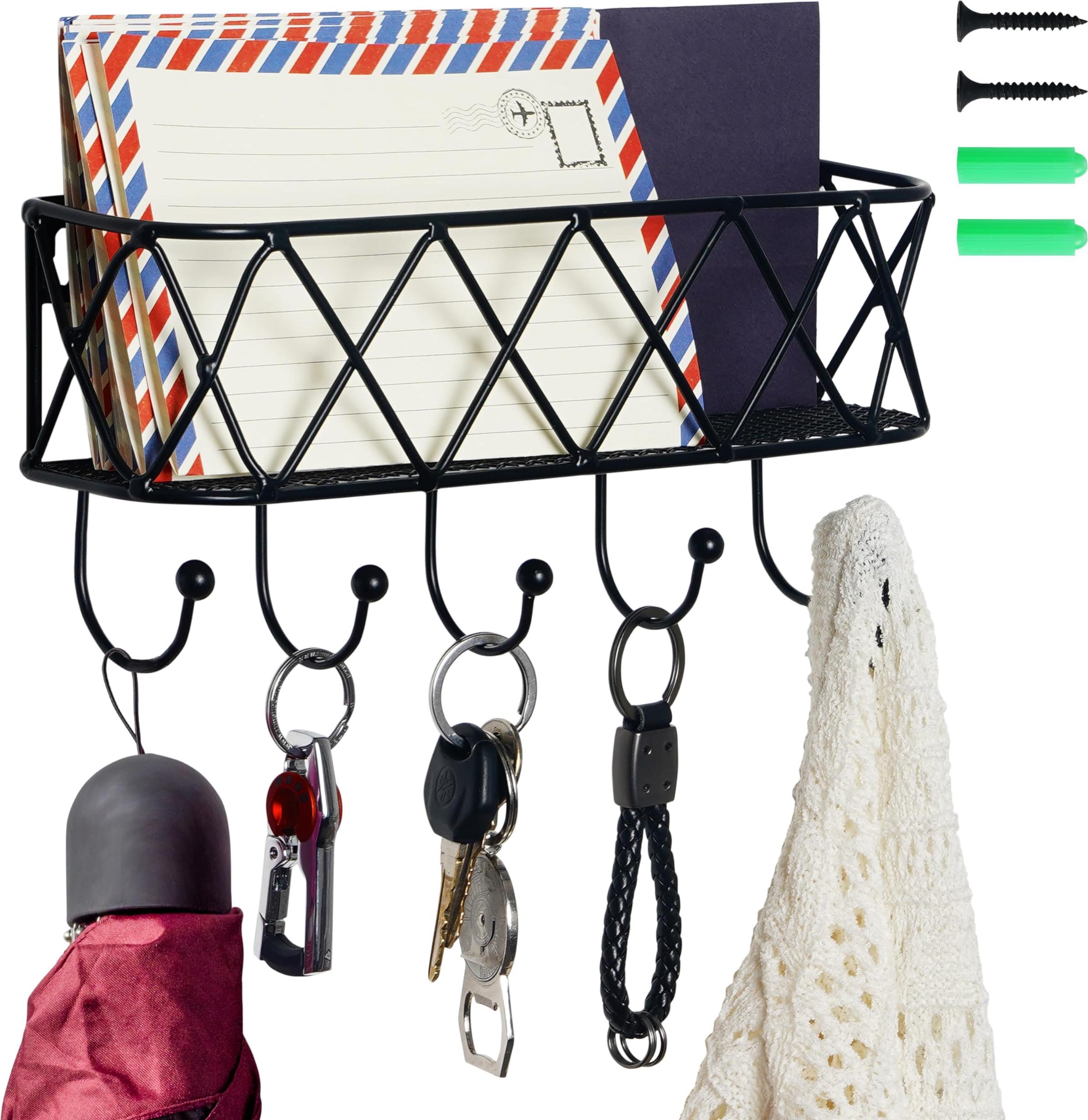 Schlüsselbrett Mit Briefhalter Aus Massivholz – Wandhalterung Für Eingangsbereich, Flur Und Büro, 38x20 Cm, Schwarz