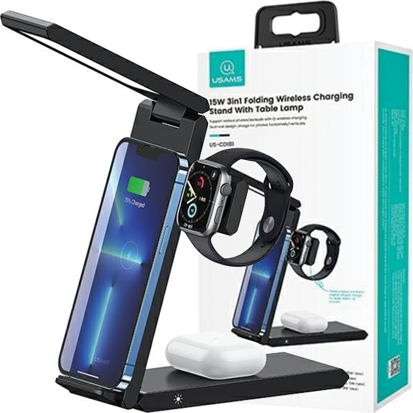 Náboj Usams. Indukčná nabíjačka s lampou 3W1 15W Black/Black Cd181Wxc01 (Us-Cd181)