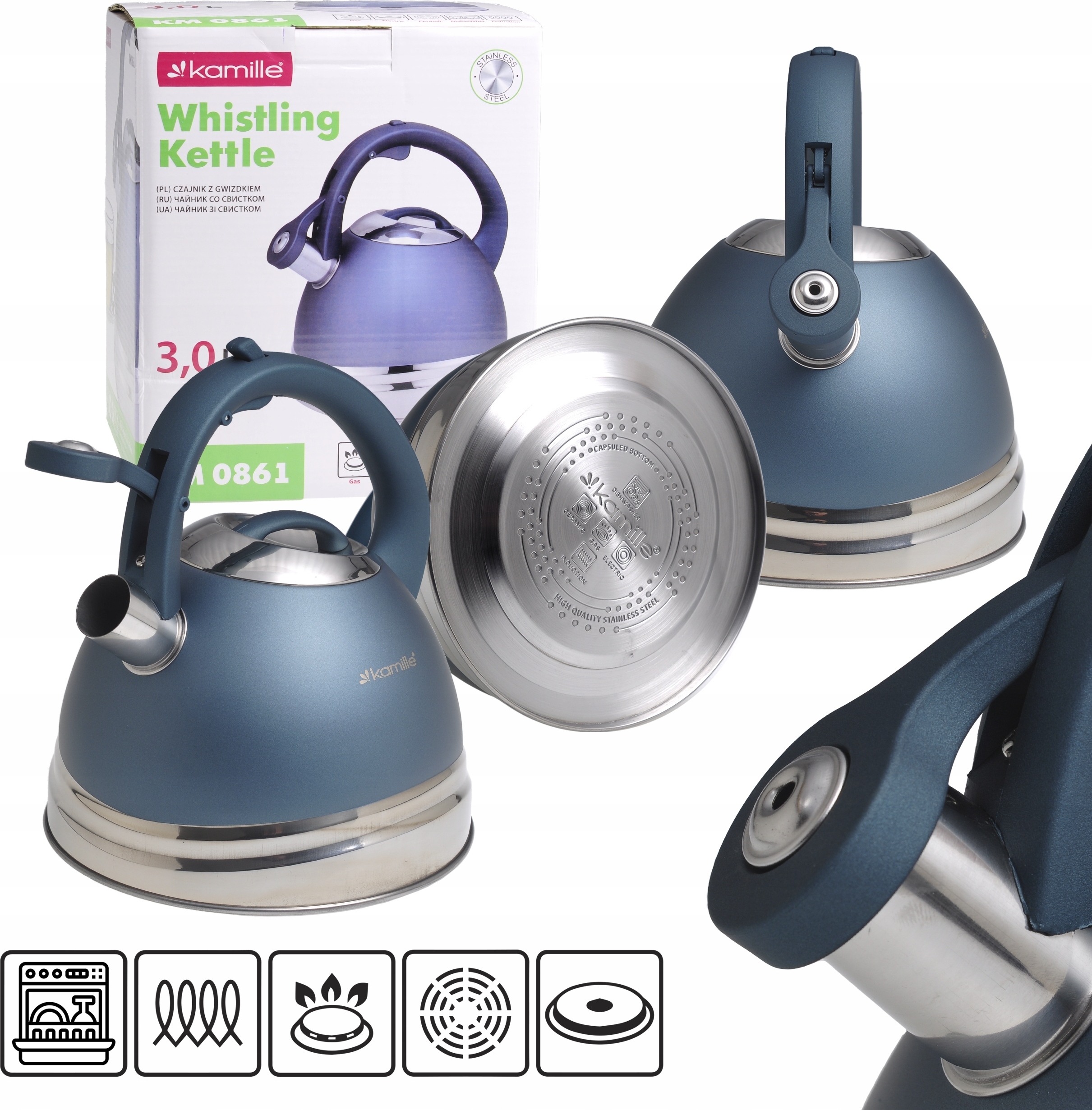 Wasserkocher mit Edelstahlpfeife 3,0 L INDUKTION KAMILLE KM-0861