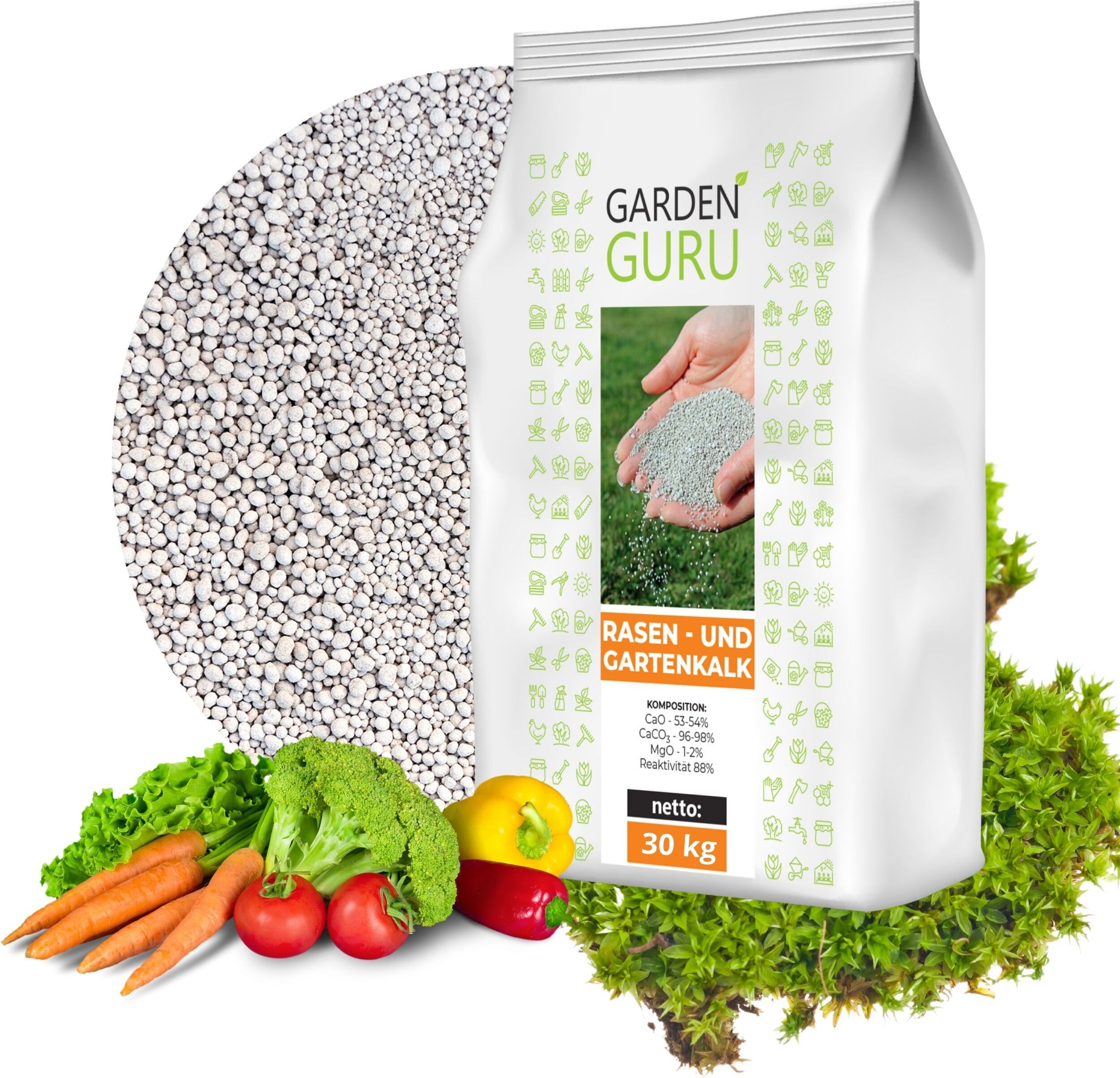 GardenGuru Premium Rasenkalk & Gartenkalk Kalk Düngekalk gegen Moos Rasendünger 30kg 600m²