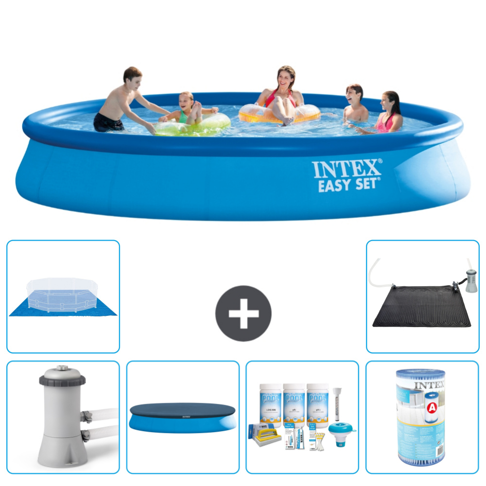 Intex okrúhly nafukovací bazén Easy Set - 457 x 84 cm - modrý - vrátane krytu čerpadla - balík na údržbu - filter - podložka - solárna rohož