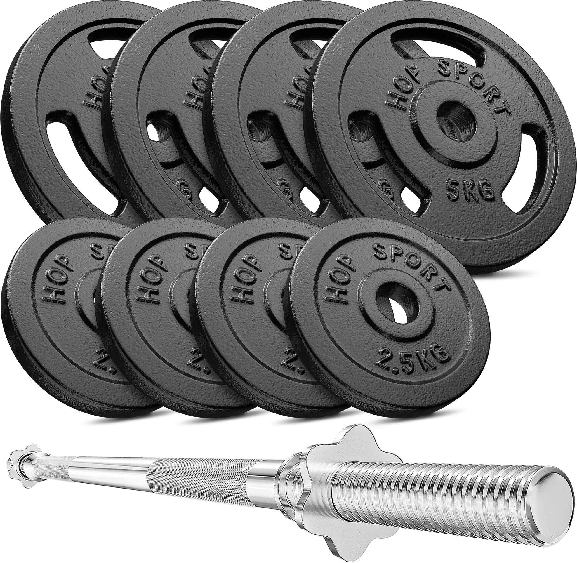 Hop-Sport 39kg Gusseisen Hantel-Set Langhantel Set Langhantelstange 30mm, 1x Langhantel 167cm, Gewichte: 4x5kg, 4x2,5kg 821-240
