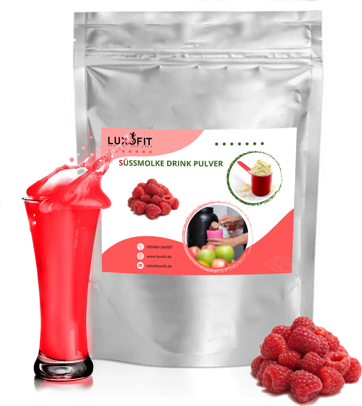 Luxofit Himbeer Geschmack Molkepulver mit Protein und L-Carnitin MD-134-0.333