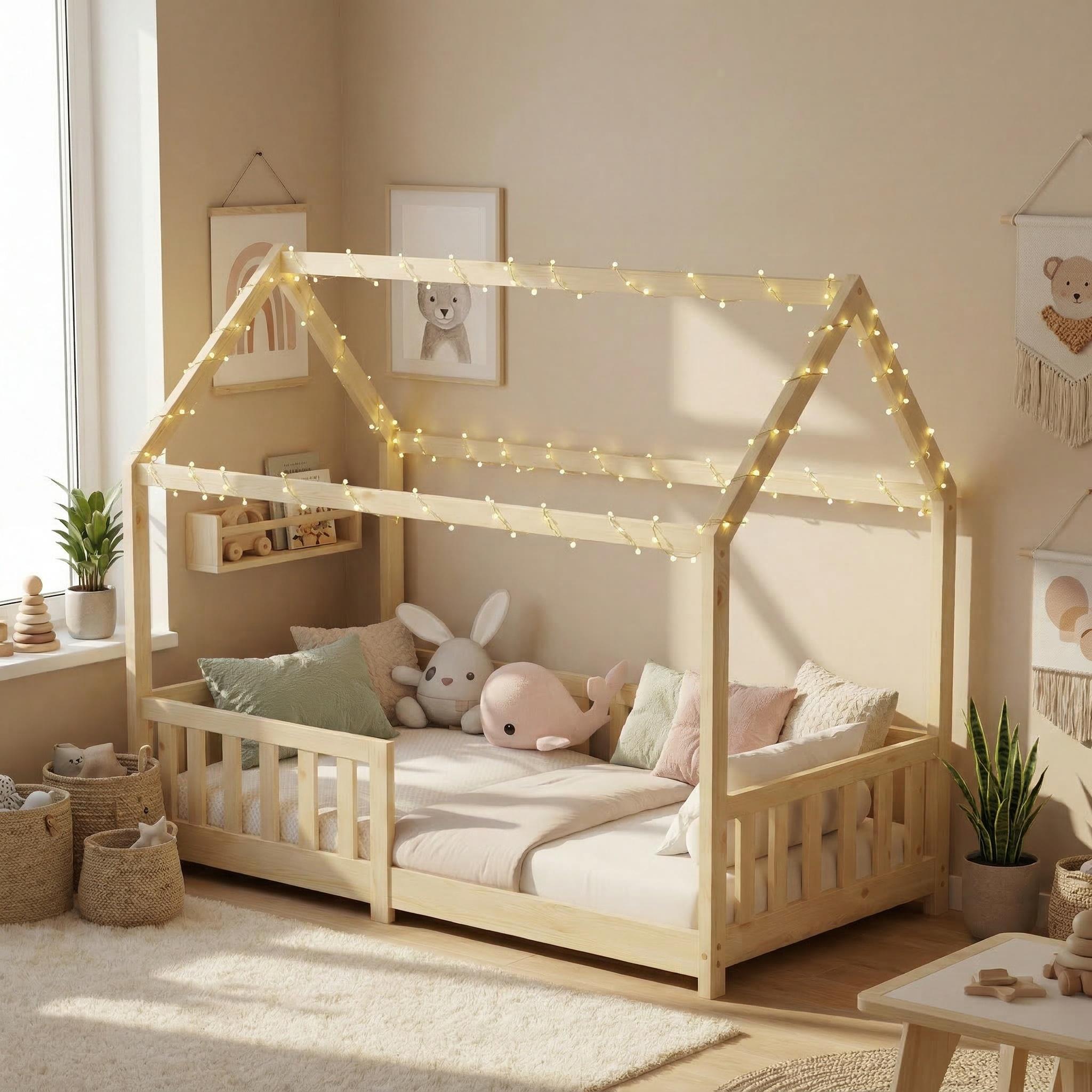 EcoMI Kinderbett 90x200 mit Rausfallschutz und Lattenrost, Hausbett - Kinderbett 90x200 für Kinder - Kinderbett Hausbett 90x200 Natur