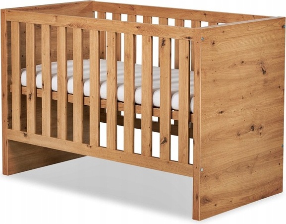 Babybett Gitterbett Kinderbett höhenverstellbar mit Matratze mit Schlupfsprossen Eichenholz-Muster AMELIE 120x60 KMbaby