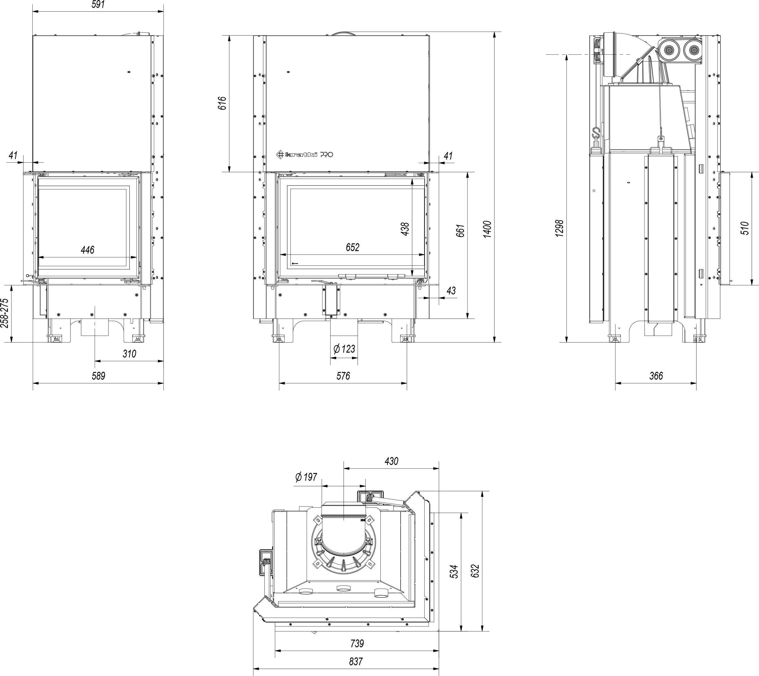 Oceľový krb KRATKI MBZ pravý 13 kW Ø 200 Lift-Up čierny thermotec