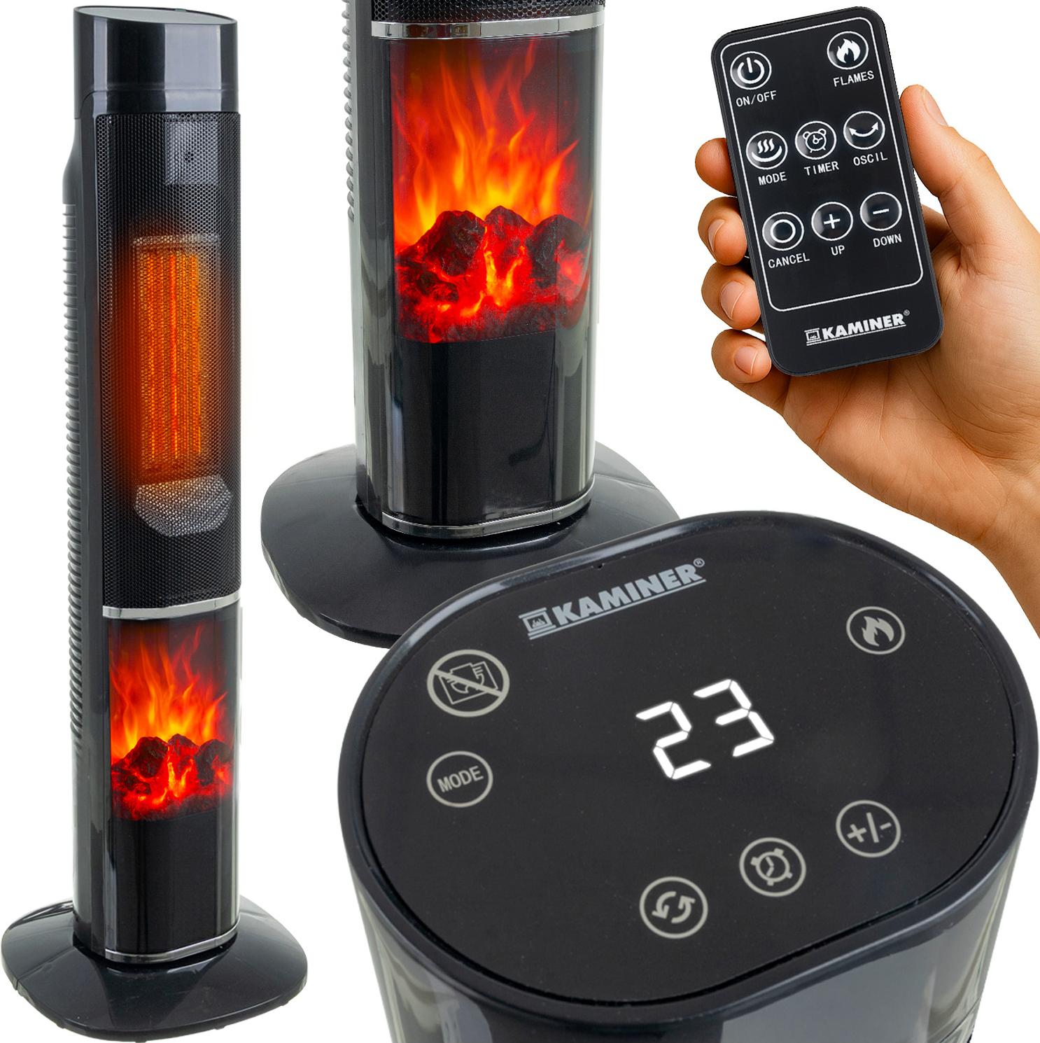 Heizlüfter KAMINER IGNISSE Säulenheizgerät 2000W mit Flammeneffekt & Fernbedienung LED-Display Thermostat 10–49°C 24-h Timer Oszillation Kippschutz & Überhitzungsschutz 26401