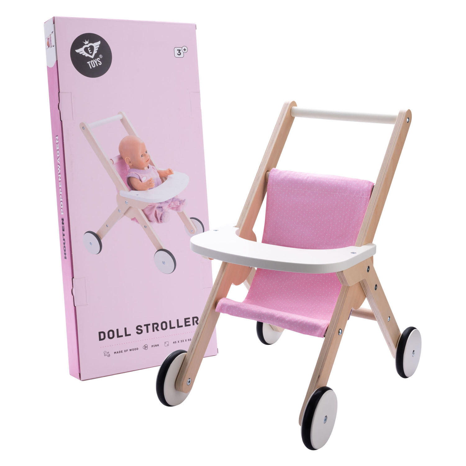 Engelhart Toys Puppenwagen Holz rosa Babypuppe - Spielzeug Kinderwagen 604091