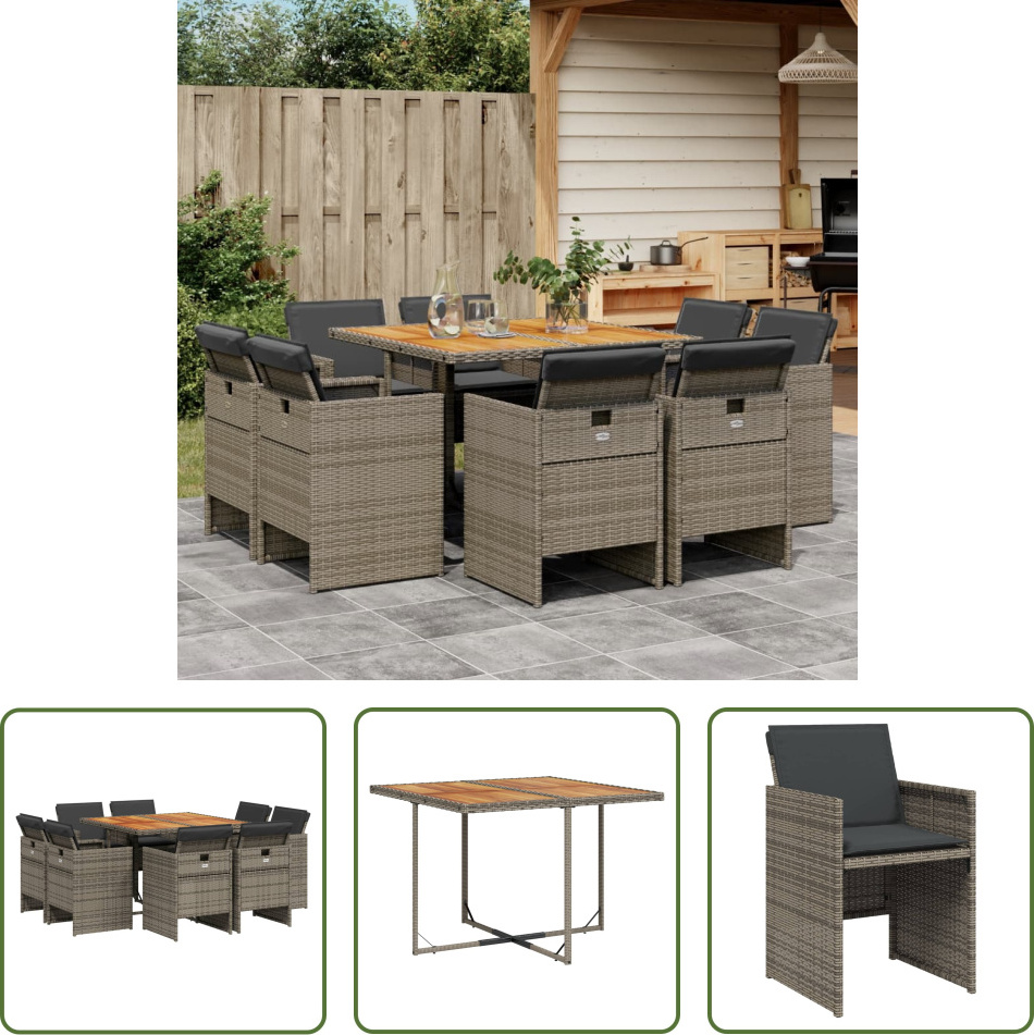 The Living Store 9-dielny záhradný jedálenský set s vankúšmi sivý polyratan