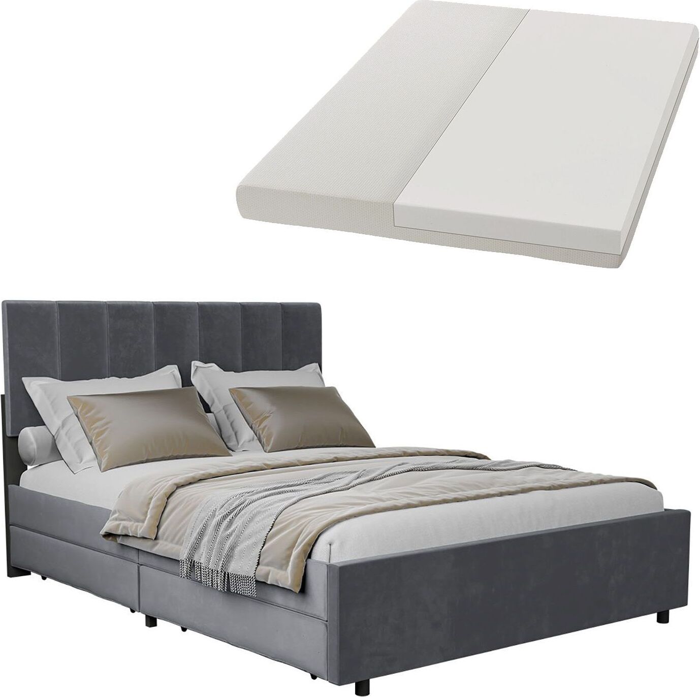 Juskys Samt Polsterbett Soria 140x200 cm - Matratze, Lattenrost & Schubladen - Grau 300271999