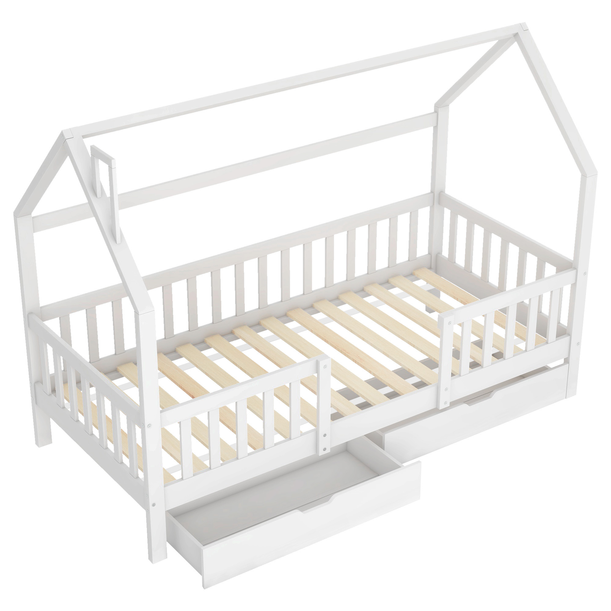 okwish Kinderbett 90 x 200 cm, Heimbett mit Kamin, zwei Schubladen, stabiler Lattenrost, Kinderheimbett in Kiefer, weiß (ohne Matratze)