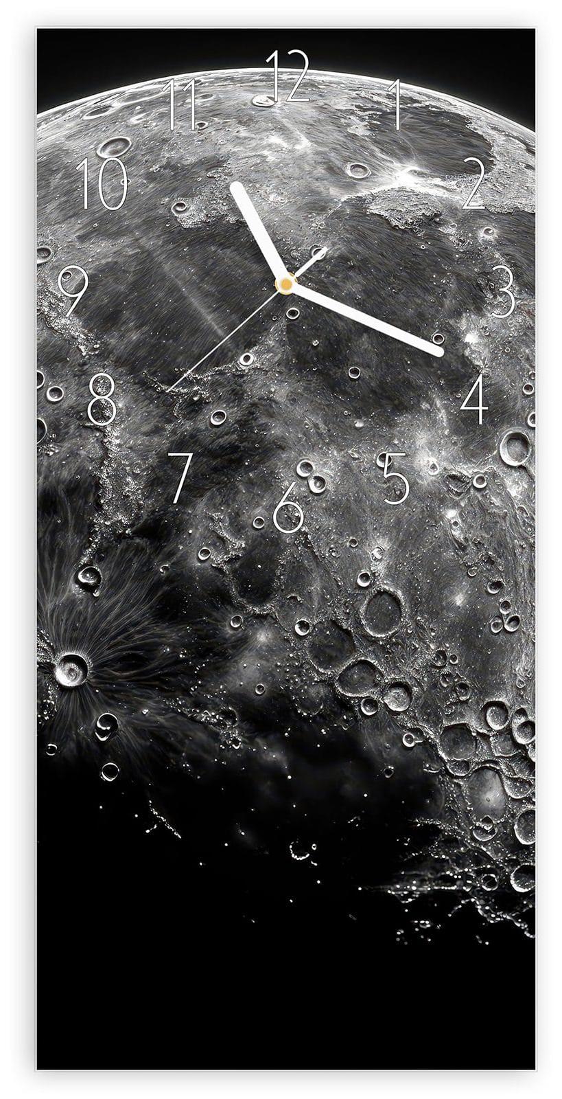 Primedeco Wanduhr aus Glas mit Motiv Mondkrater Close-up- 30 x 60 cm - inkl. Aufhängesystem