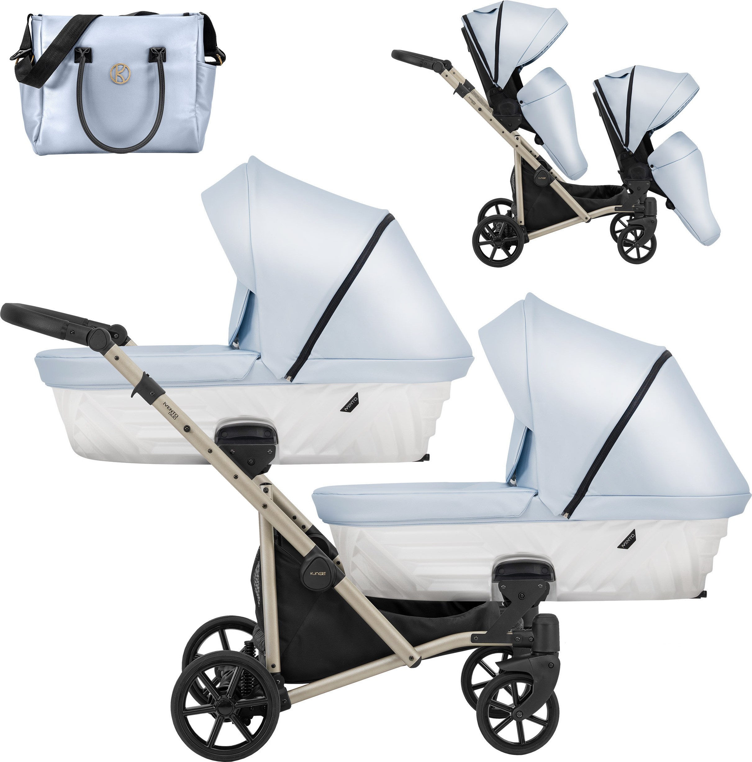Kinderwagen IVENTO DUO 2 in 1 Komplettset Zwillingskinderwagen Geschwisterwagen Zwillingsbuggy Doppelkinderwagen (Baby Blue, Rahmenfarbe: champagne)