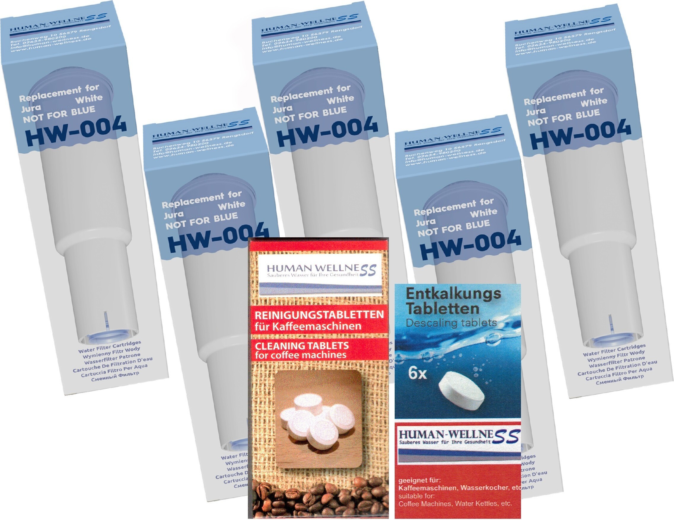 Human-Wellness Pflegeset 5 x Wasserfilter HW-004 für Jura white + Pflegeprodukte