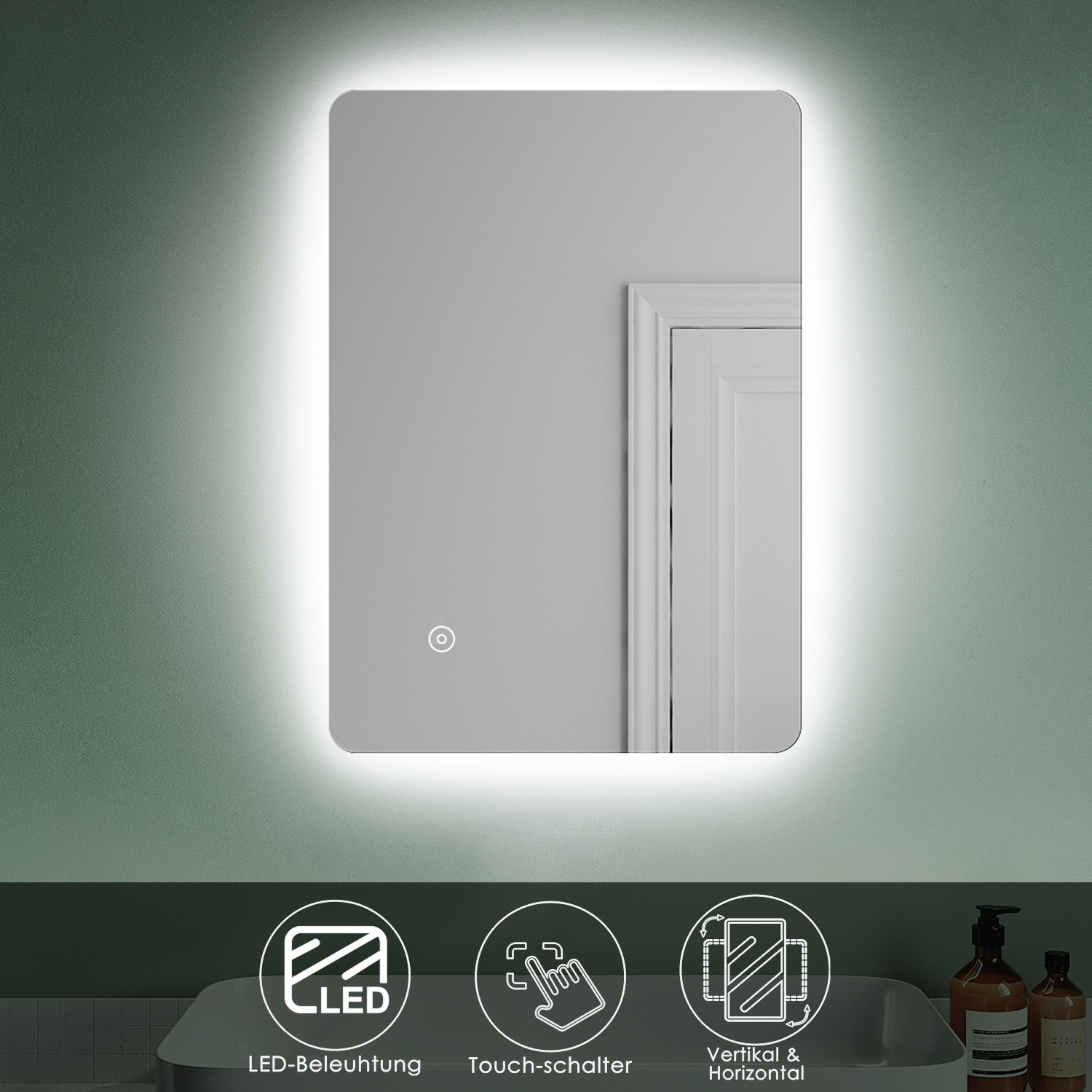 SONNI Badspiegel mit LED-Beleuchtung & Touch-Schalter energiesparend IP44 Wand-Spiegel 70 x 50cm