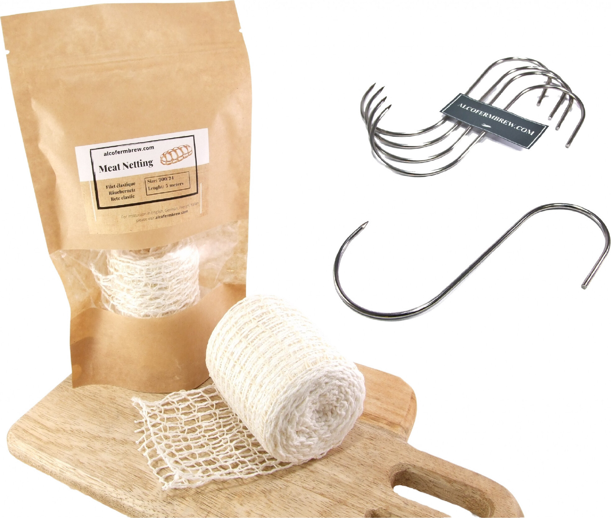 Alcofermbrew Fleischnetz 200mm / 5m + Fleischhaken x 5 - Schinkennetz, Räuchernetz, Fleischhaken