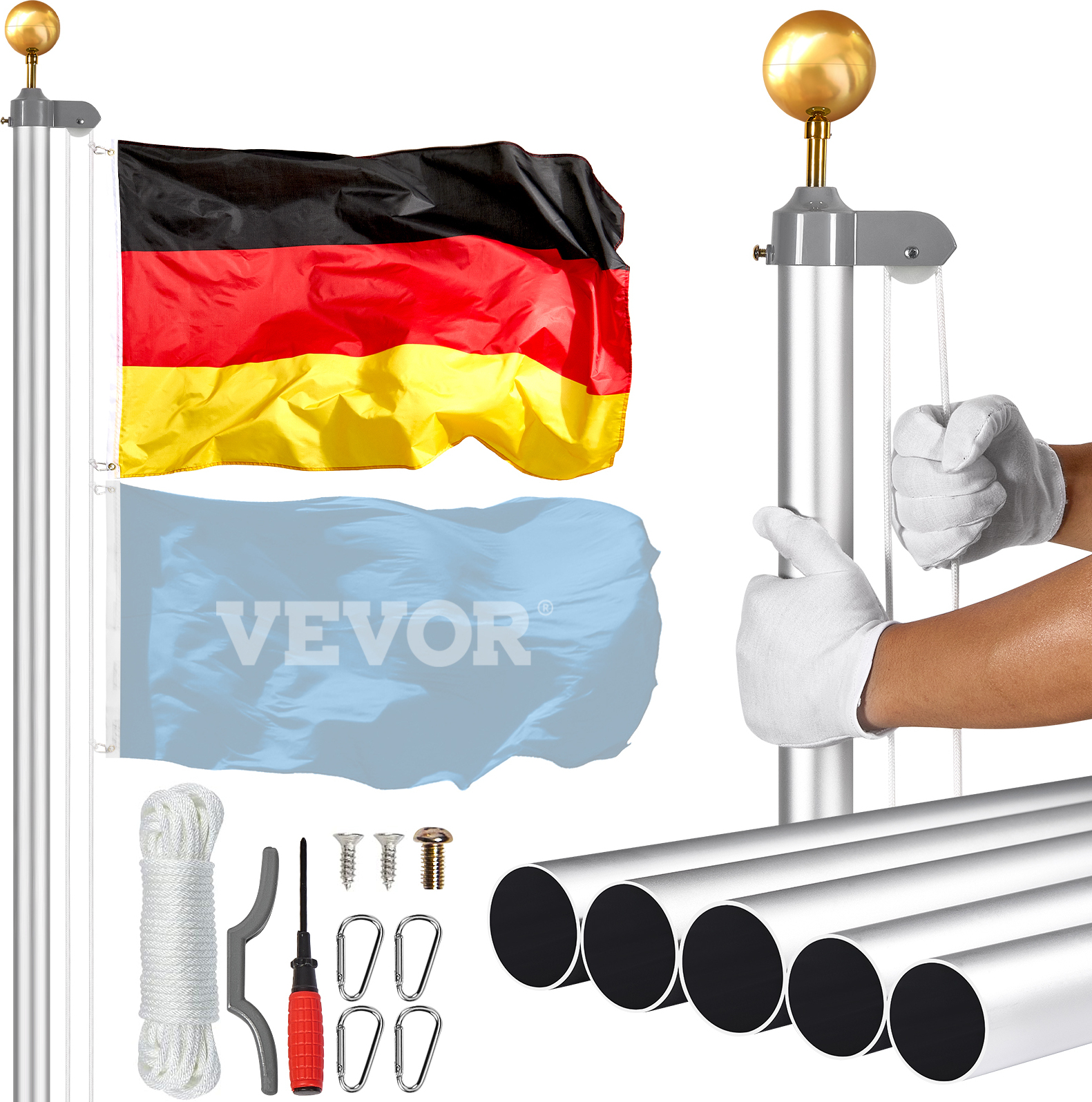 Produktbild von Fahnenmast-Dekorationskugel 7,6 Cm – Komplettset Mit Zubehör, Aluminium & Nylon, Für Einfache Flaggenbefestigung