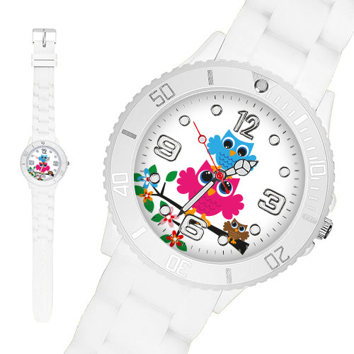 Taffstyle Kinder Armbanduhr Kinder Silikon Armbanduhr mit Eulen Motiv, Weiß / 34mm