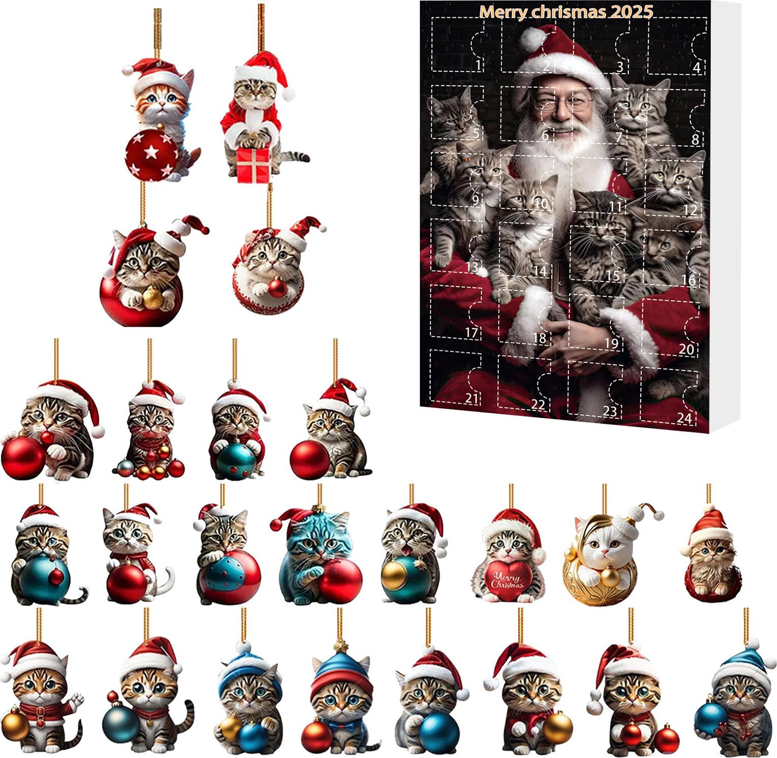 Essen Weihnachts-Katzen-Adventskalender, Acryl, 2D-Cartoon-Katze, hängende Dekoration, 24 Tage 2025, Weihnachts-Countdown-Kalender, Geschenk für Katzenliebhaber, Feiertagsdekoration 4552901@Essen