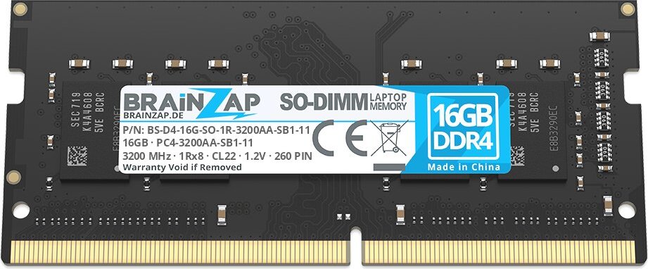 BRAINZAP 16GB DDR4 RAM SO-DIMM PC4-3200AA-SB1-11 1Rx8 3200 MHz 1.2V CL22 Notebook Laptop Arbeitsspeicher Unbuffered Non-ECC BS-D4-16G-SO-1R-3200AA-SB1-11