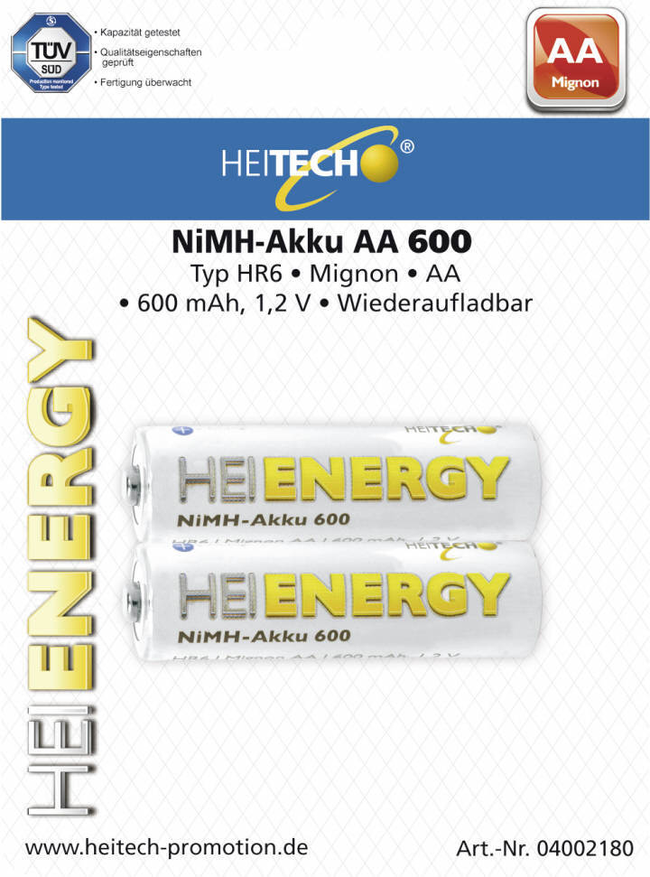 Heitech Batterien HEIENERGY NiMH-Akku AA Mignon 600, 2er Packung 04002180